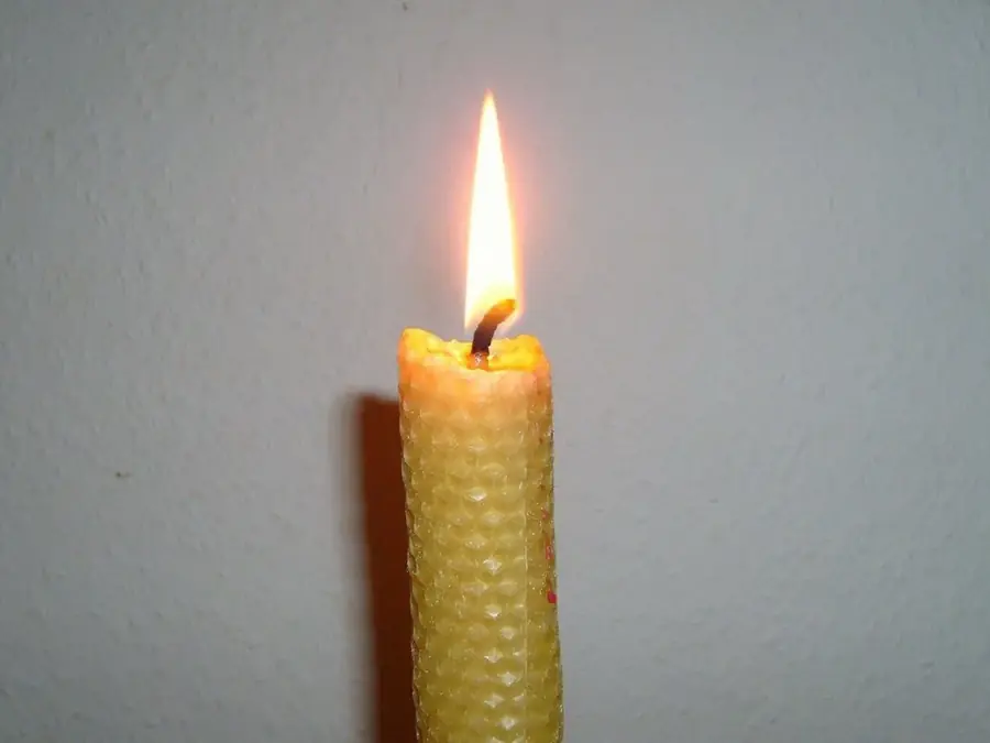 A rolled beeswax candle with its honeycomb texture, lit against a grey wall