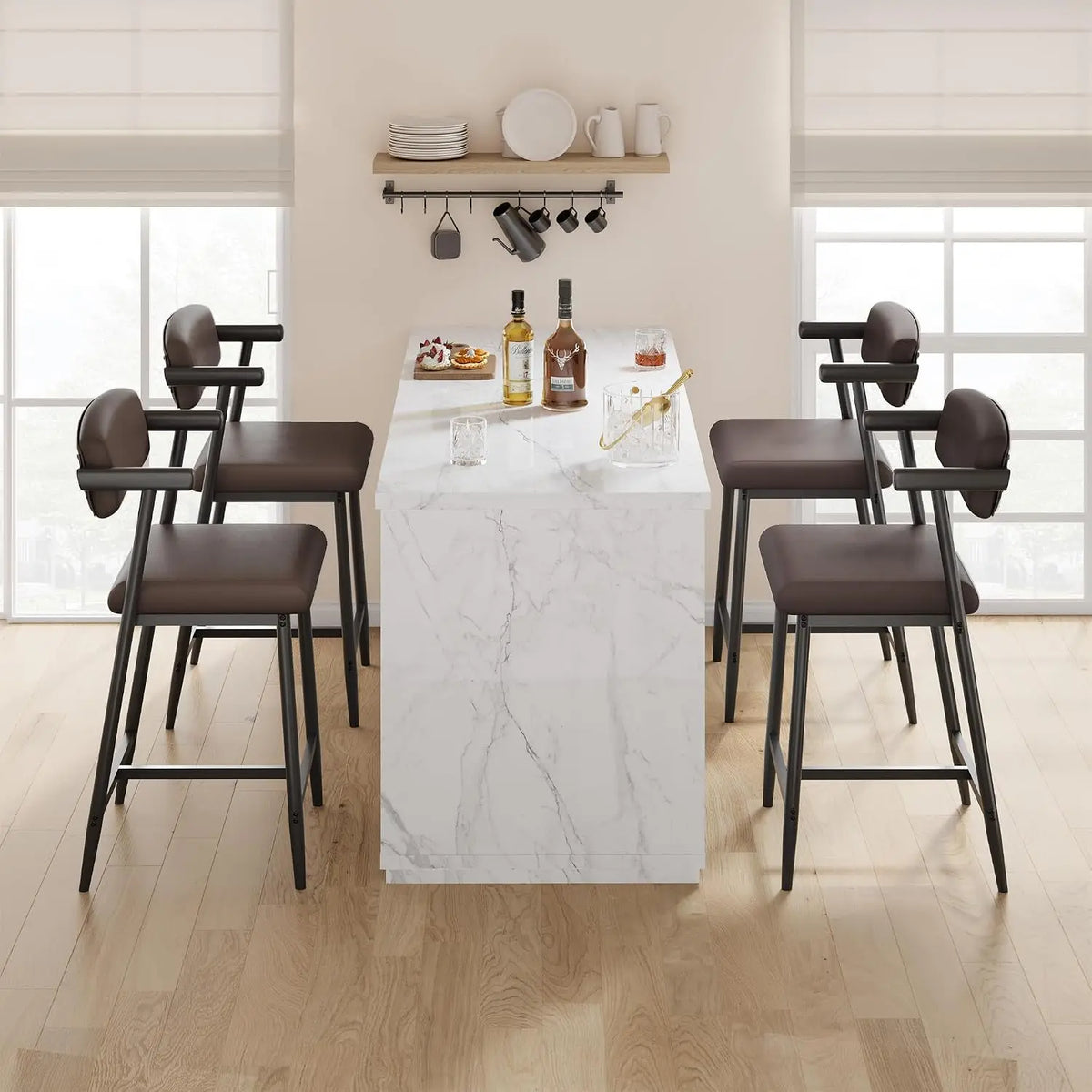 Bar Stools Set of 4 with Armrests, Counter Height Bar Stools Set with Footrest & Soft Back, Metal Barstools Set, Customized