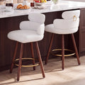 26" Swivel Bar Stools Set of 2 White Leather with Back & Footrest Solid Wood Leg