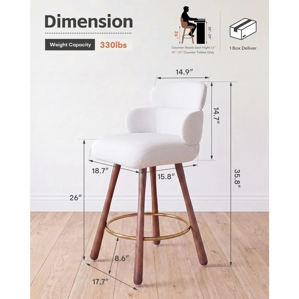 26" Swivel Bar Stools Set of 2 White Leather with Back & Footrest Solid Wood Leg