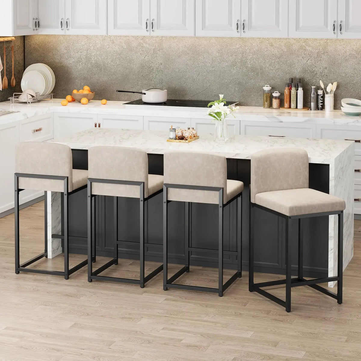 Set of 2 Counter Height Bar Stools, Modern Faux Leather Bar Stools with Back, Footrest & Thick Cushion, Bar Chairs for Kitchen Island Dining Bar