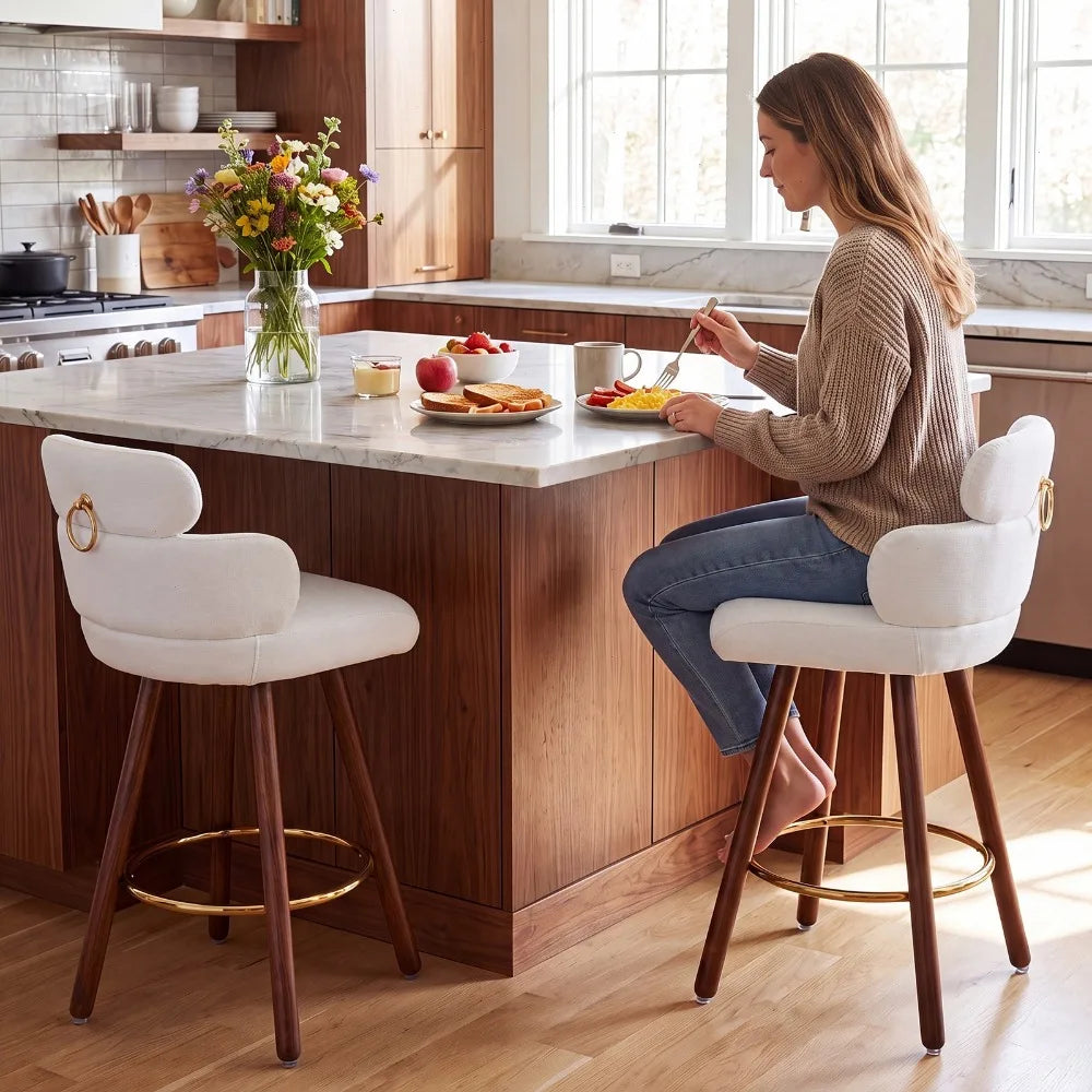 26" Swivel Bar Stools Set of 2 White Leather with Back & Footrest Solid Wood Leg