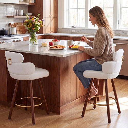 26" Swivel Bar Stools Set of 2 White Leather with Back & Footrest Solid Wood Leg